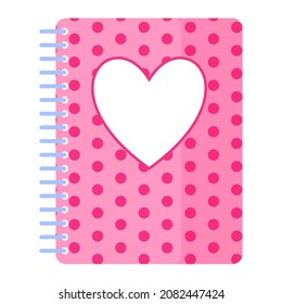 Pink notepad with hearts on the cover. Wedding and valentine day concept. Vector cartoon isolated illustration.