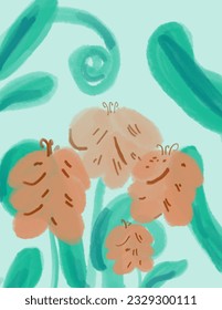 Pink nude flowers and leaves pattern on green background, watercolors aesthetic for wallpaper, wall decor, templates covers, art prints