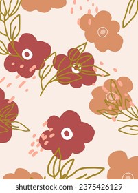 Pink, nude flowers patterns with leaves on white background. illustrations, vector aesthetic for wallpaper, wall decor, templates covers, art prints