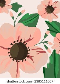 Flores rosadas desnudas con hojas sobre fondo blanco. ilustraciones, estética vectorial para papel pintado, decoración de pared, cubiertas de plantillas, impresiones de arte