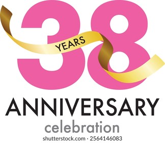 pink number 38 with gold confetti and word years black color and word anniversary celebration are at the bottom.