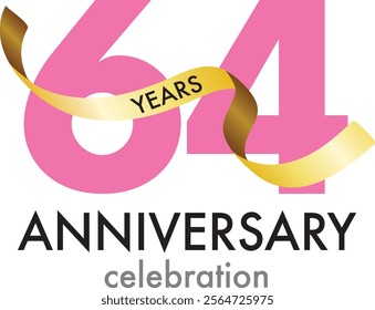 pink number 64 with gold confetti and word years black color and word anniversary celebration are at the bottom.