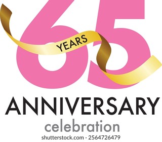 pink number 65 with gold confetti and word years black color and word anniversary celebration are at the bottom.