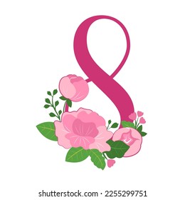Pink number 8 with peonies in a vector illustration for spring holiday, birthday, women’s day