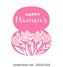 Pink number 8 with tulips and the phrase Happy women in a vector illustration for spring holiday