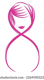 Pink number eight and silhouette of a woman face with long hair in lines, to commemorate the Women's Day -or 8M-.