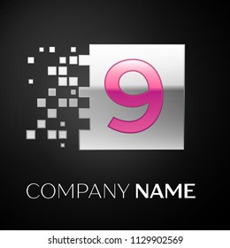 Pink Number Nine logo symbol in the silver colorful square with shattered blocks on black background. Vector template for your design