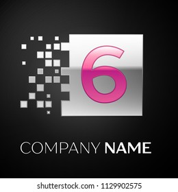 Pink Number Six logo symbol in the silver colorful square with shattered blocks on black background. Vector template for your design
