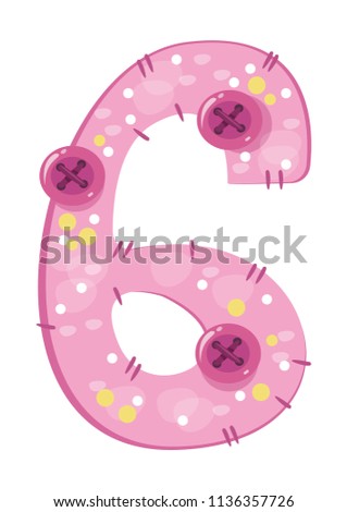Pink number six on a white background. Vector illustration. Children's cartoon style.