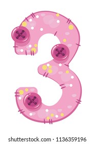 Pink number three on a white background. Vector illustration. Children's cartoon style.