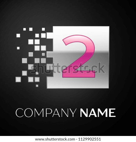 Pink Number Two logo symbol in the silver colorful square with shattered blocks on black background. Vector template for your design