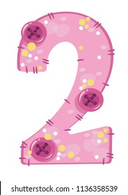 Pink number two on a white background. Vector illustration. Children's cartoon style.