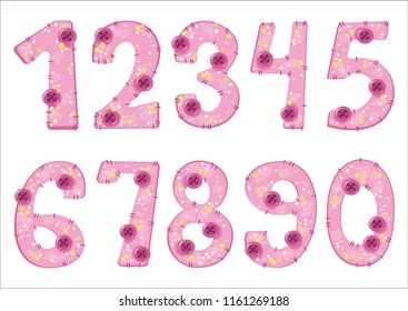 Pink numbers. Patchwork style. Vector illustration. Seth numbers from 0 to 9.