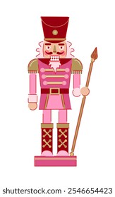 Pink Nutcracker Soldier with Spear Illustration. Christmas Toy Illustration. Holiday Decoration. 