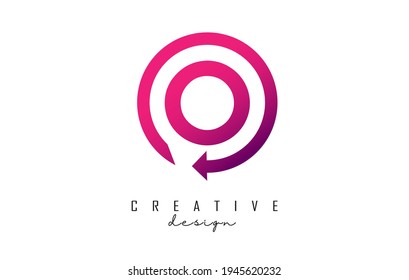Pink O letter logo design with circle frame and arrow. Creative vector illustration with pink color and letter O.