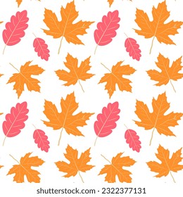 Pink oak and yellow maple leaves pattern, autumn, vector graphics. Vector illustration on a white background, eps 10.