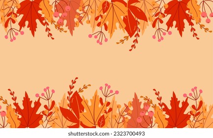 Pink oak and yellow maple leaves, branches and berries autumn background. Vector illustration, eps 10.