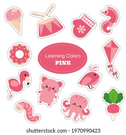 Pink objects. Learning Colors. Color Worksheet. Education set. Illustration of primary colors.