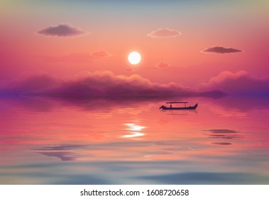 Ilustración vectorial del atardecer rosa del océano con silueta negra de barco de pesca solitaria, nubes púrpura y reflexión en aguas agitadas y tranquilas
