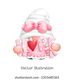 Pink october gnome, Cancer awareness. Watercolor style. Vector illustration