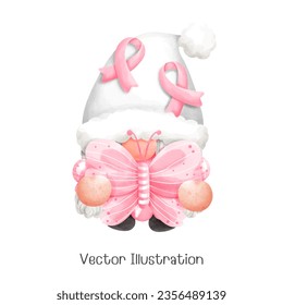 Pink october gnome, Cancer awareness. Watercolor style. Vector illustration