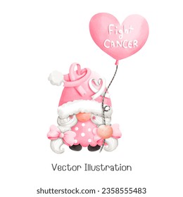 Pink october gnome, Cancer awareness. Watercolor style. Vector illustration