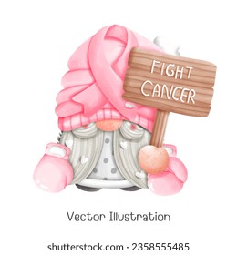 Pink october gnome, Cancer awareness. Watercolor style. Vector illustration