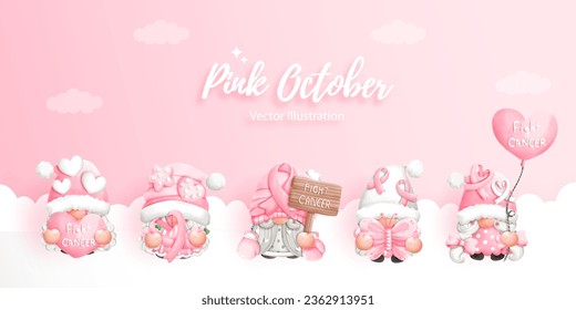 Pink October gnome, Watercolor Illustration, Paper cut Vector illustration