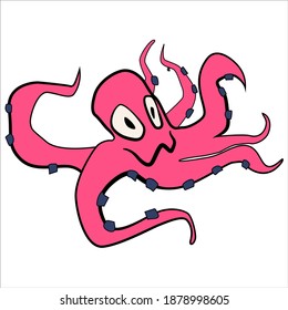 Pink octopus in cartoon style on a white background. stock children's character for covers and cards.