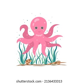 Pink octopus character. Cute cartoon octopus vector illustration.