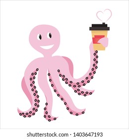 Pink octopus with a coffee cup. Isolated vector illustration on white background