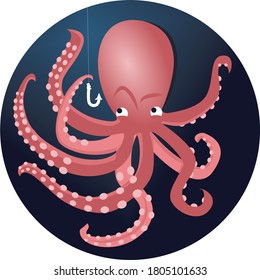 Pink octopus with a fish hook vector illustration