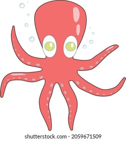 pink octopus with funny big eyes and tentacles floats in water with bubbles