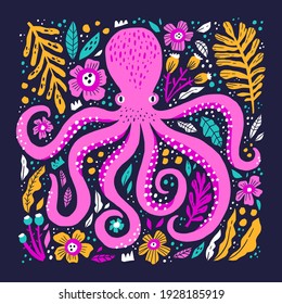 Pink octopus hand drawn flat vector illustration. Sea life, squid cartoon character. Aquatic animal with tentacles in floral frame isolated on dark background. Doodle style t shirt print design