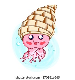  Pink octopus in hat shell cartoon character. Cute octopus flat vector isolated on white background. Aquatic fauna. Vector illustration kawaii cute style.