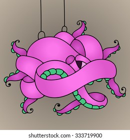 Pink Octopus Illustration. Stained glass for your interior in maritime style, vector illustration