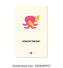 Pink octopus with lemon slice for dish flat icon. Vertical sign or vector illustration of fresh exotic ingredient for cooking element. Seafood, culinary for web design and apps