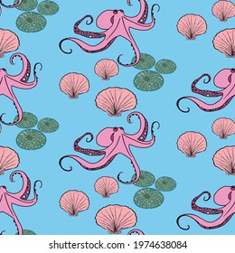 Pink octopus and light cream clam shells on light blue background. Designed in seamless pattern repeat. Ready to be printed on fabric, wall paper or, swimsuits. Ideal to use with Aquarium set