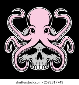 Pink octopus on the background of a skull.
An illustration showing a pink octopus encircling a skull with tentacles. design of tattoos, logos, clothing and prints in dark art and neo-traditional style