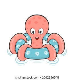 Pink octopus on blue inflatable circle isolated on white background, illustration.