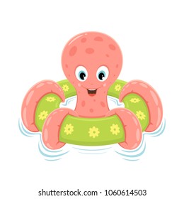 Pink octopus on green inflatable circle isolated on white background, illustration.