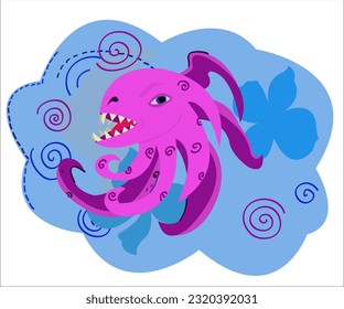 A pink octopus on a joyful vintage ocean background. This cartoon illustration can be used as a logotype for zoo, swimming, tourist and creative organizations. Vector, isolated.