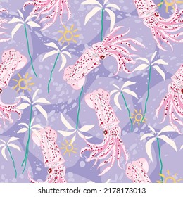 Pink Octopus Palm Beach Island Vector illustration Art On Violet Background Wallpaper, Octopus Seamless Pattern Print  