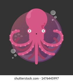 Pink octopus, sea creature in flat design. character vector illustration.