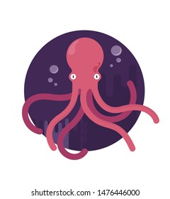 Pink octopus, sea creature in flat design. character vector illustration.