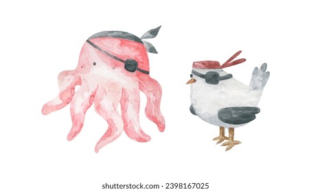 Pulpo rosa y gaviota. Cuidada ilustración infantil con pirata. Pirata animal. Ilustración marítima. Oceanía. Diseño, impresión, guardería