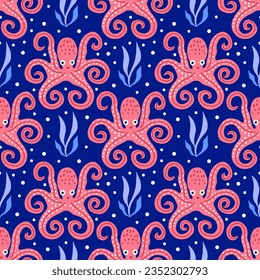 Pink octopus seamless pattern. Flat style. Vector illustration.