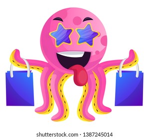 Pink octopus with shoping bags illustration vector on white background