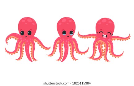 Octopus rosa con tentáculos que muestran diferentes emociones y conjunto de vectores de estado de ánimo
