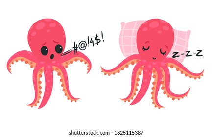 Pink Octopus with Tentacles Showing Different Emotions and State Vector Set